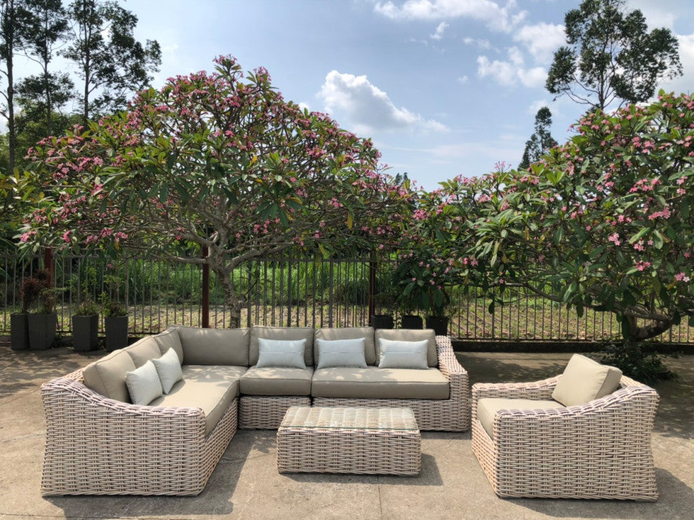 Alejandra 6-Piece Outdoor Wicker Furniture Set With Coffee Table, White and Gray