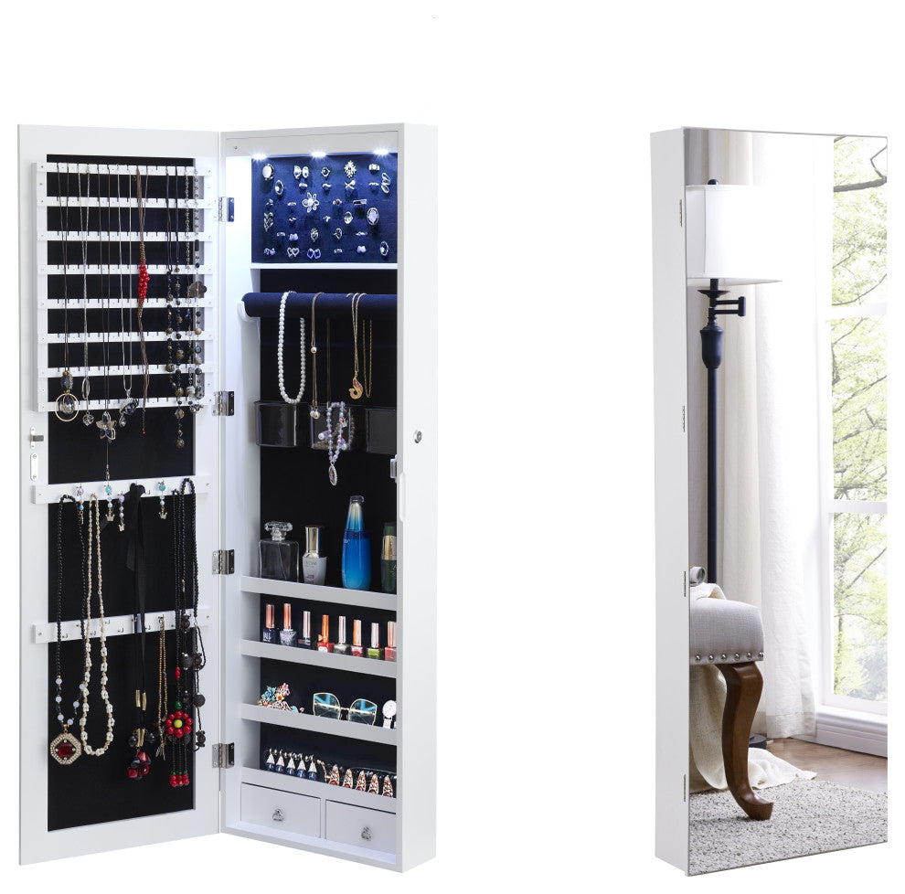 Door/Wall Jewelry Cabinet With Mirror, LED Light