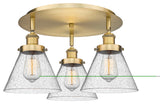 Cone-3 Light 20" Flush Mount-Brushed Brass, Seedy Glass Shade