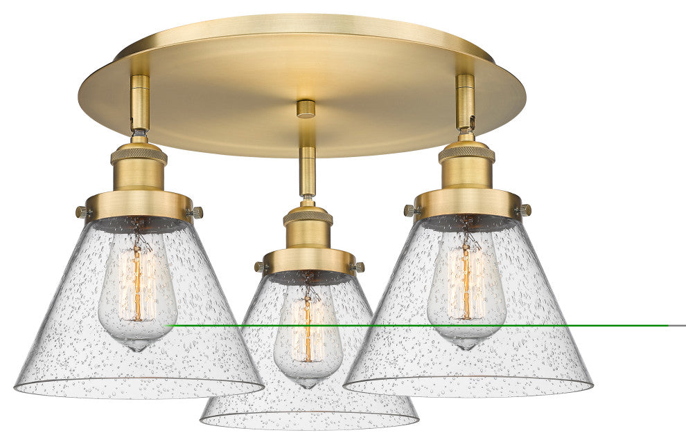 Cone-3 Light 20" Flush Mount-Brushed Brass, Seedy Glass Shade