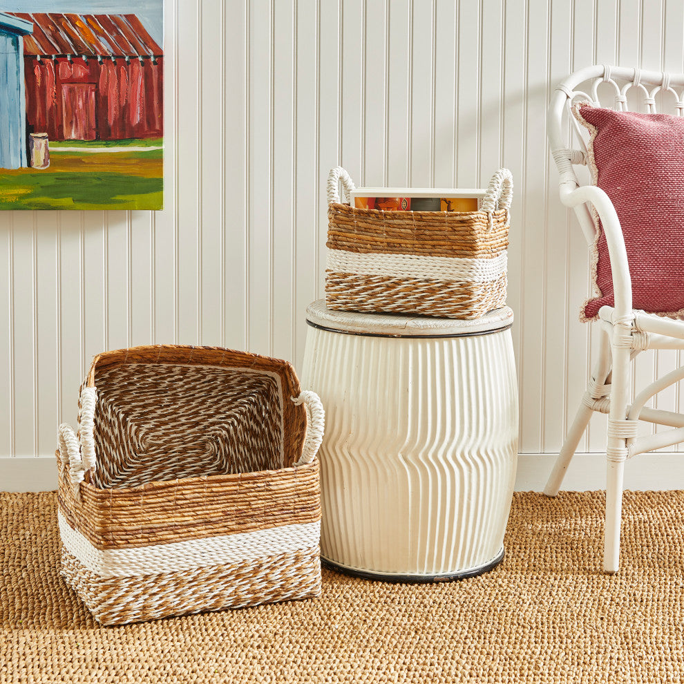 Set 3 Coastal Casual Natural Raffia Wide White Stripe Tote Baskets Handle Large