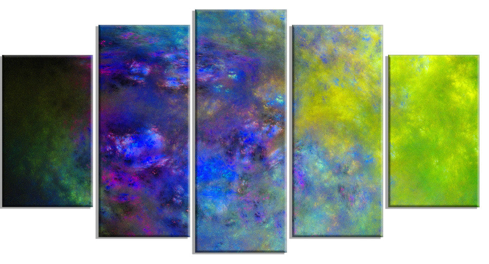 Blue Green Starry Fractal Sky, Contemporary Canvas Art Print, 60"x32", 5 Panels