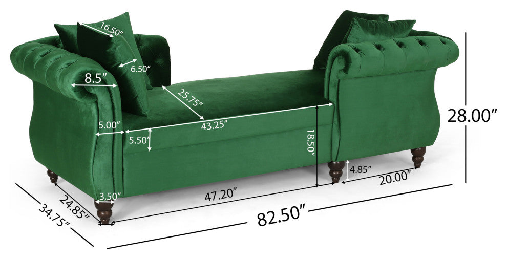 Harrisville Modern Tufted Velvet Tete-a-Tete Chaise Lounge with Accent Pillows, Emerald + Dark Brown