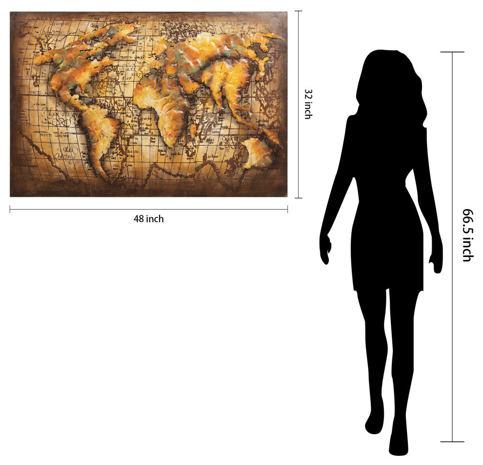 "Globe" World Map Mixed Media Iron Hand Painted Dimensional Wall Decor 48"x32"