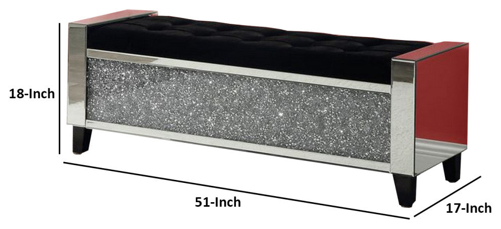Benzara BM251182 Mirrored Bench With Tufted Fabric Seat/Faux Diamonds, Silver