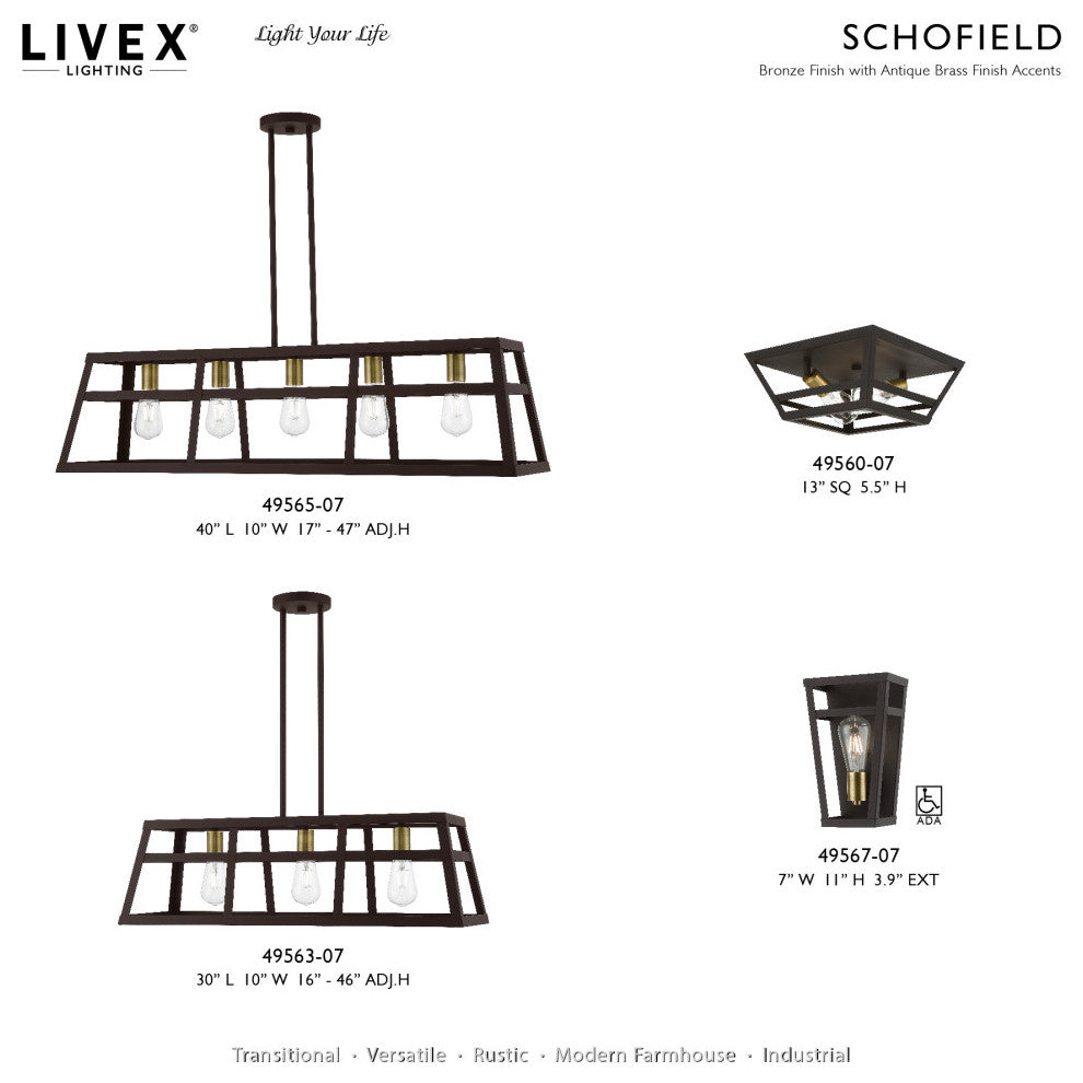 Schofield 5 Light Bronze With Antique Brass Accents Linear Chandelier