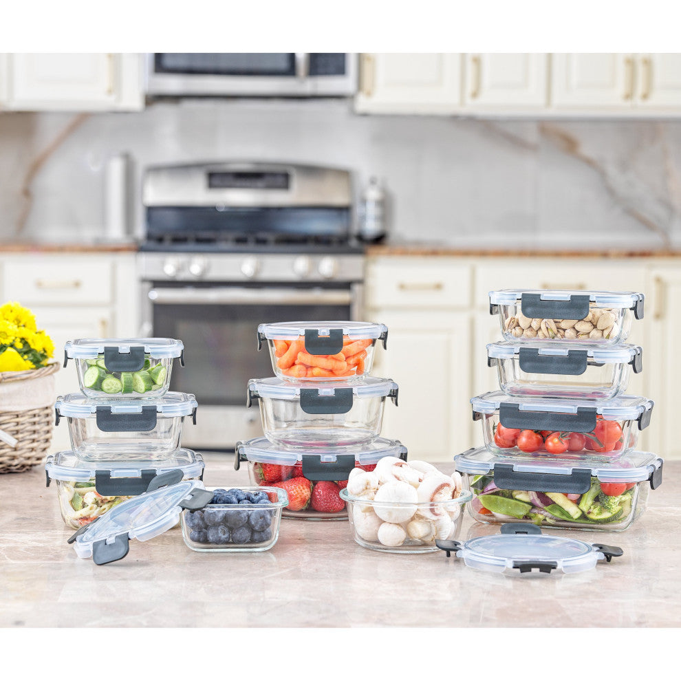 24 Piece Glass Storage Containers With Leakproof Lids Set Black