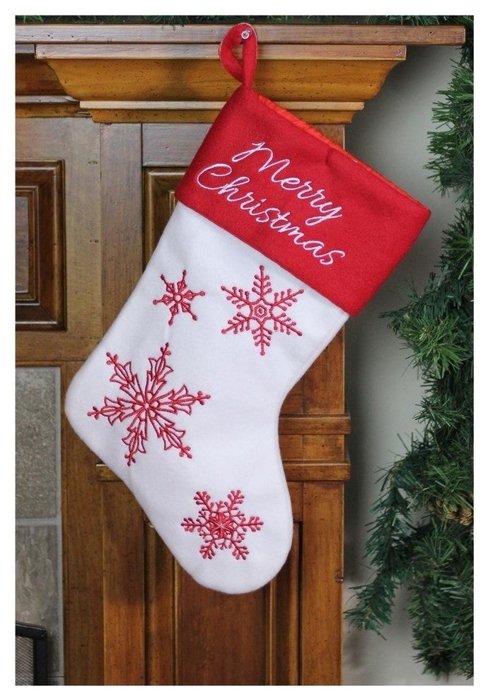 "Merry Christmas" Snowflake Embroidered Christmas Stocking, Red and White, 12"