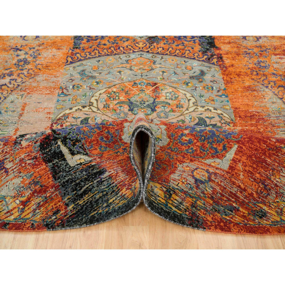 Orange Ancient Ottoman Erased Design Wool Hand Knotted Round Rug 10'x10'