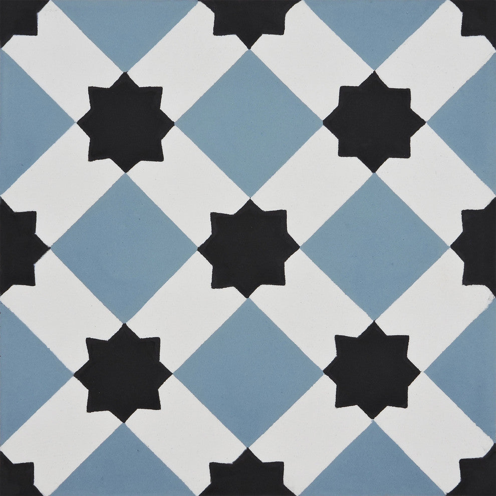 8"x8" Ait Baha Handmade Cement Tile, Black ,Blue, Set of 12