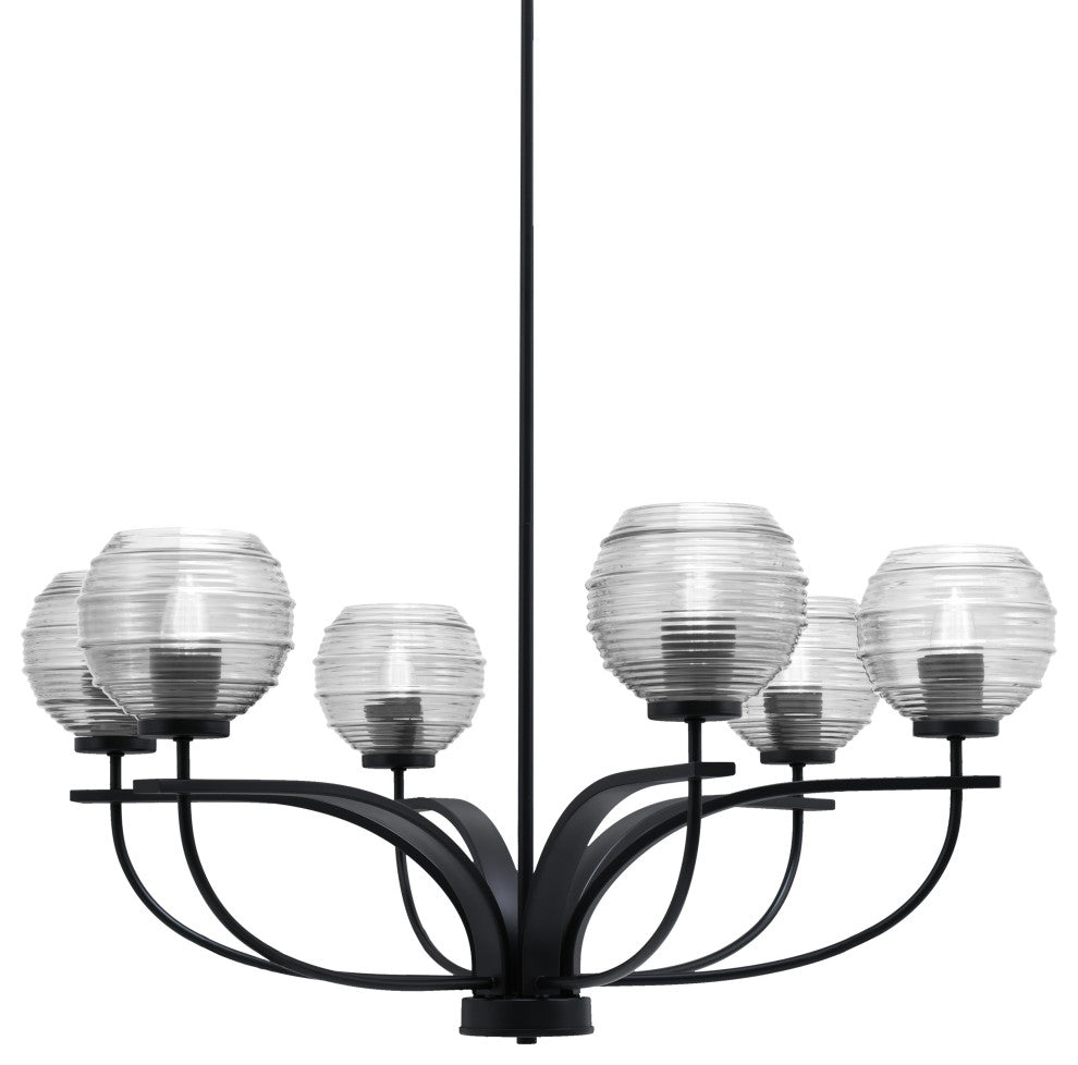 Cavella 6 Light Chandelier, Matte Black Finish, 6" Clear Ribbed Glass