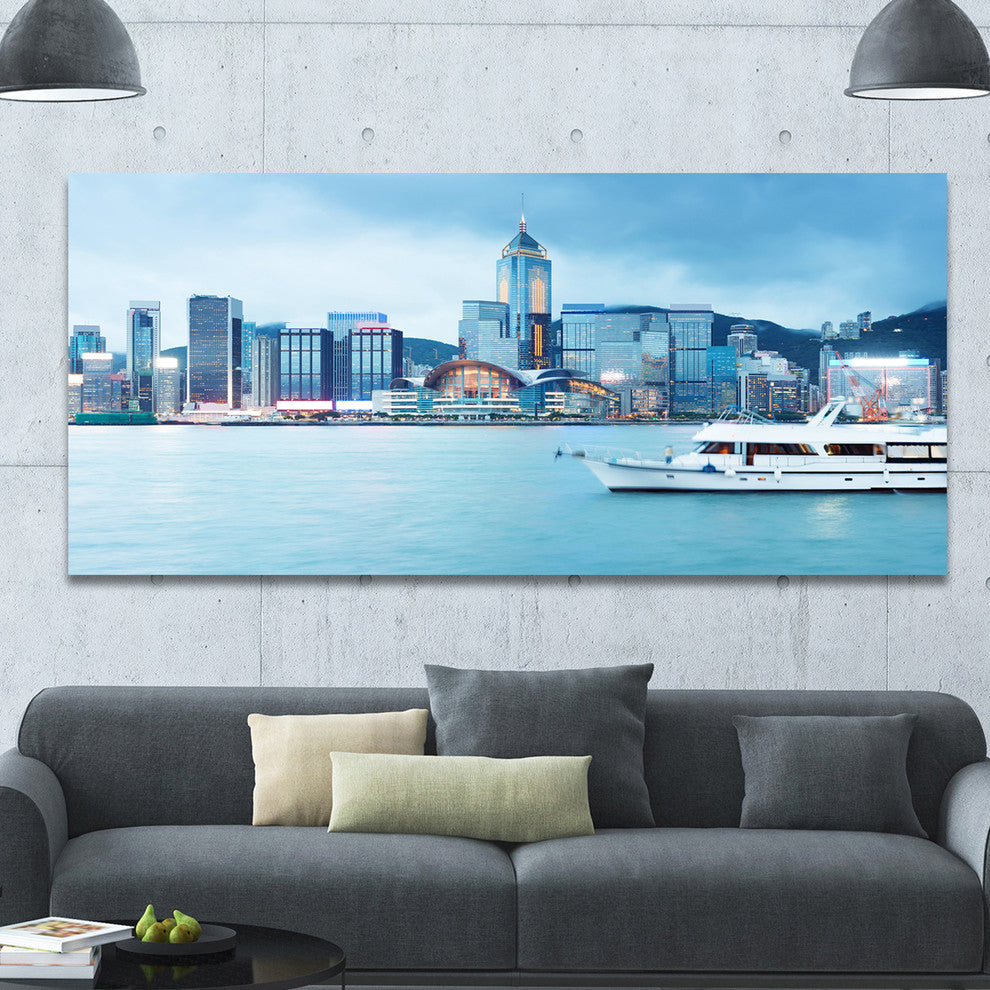 Hong Kong City at Night, Large Cityscape Canvas Art Print, 60"x28"