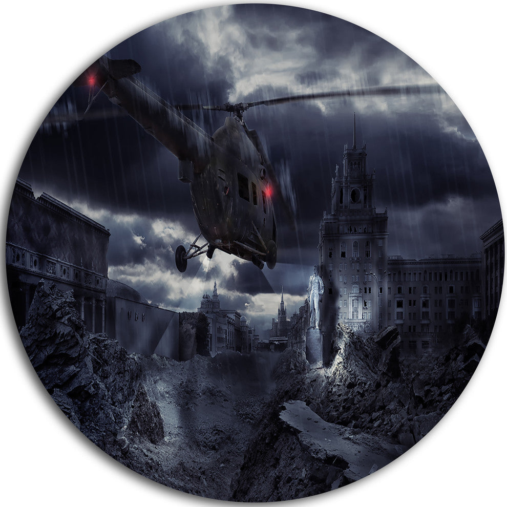 Helicopter Over Storm Ruined City, Photo Round Metal Wall Art, 11"