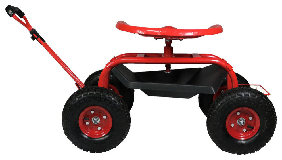 Sunnydaze Garden Cart With Extendable Steering Handle, Seat and Basket, Red