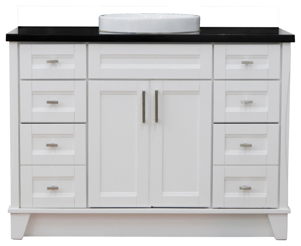 49" Single Sink Vanity, White Finish With Black Galaxy Granite And Round Sink