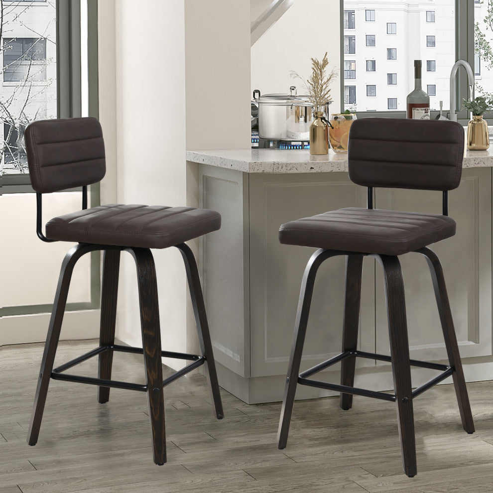 Swivel Bar Stool Leather Bar Stool, Wood Legs, Counter Height, Pu, Set of 2, Brown, 26"