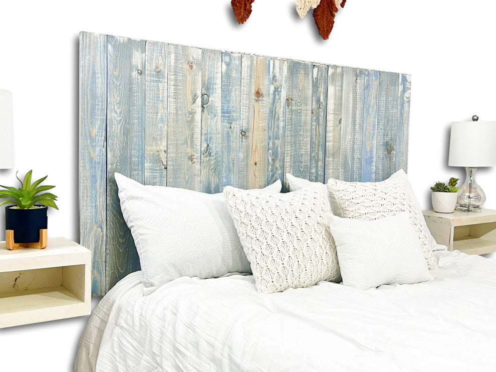 Solid Wood Headboard with Smooth Natural Wood Grain, Wall Mounted, Farmhouse, Blue Powderwash, Queen
