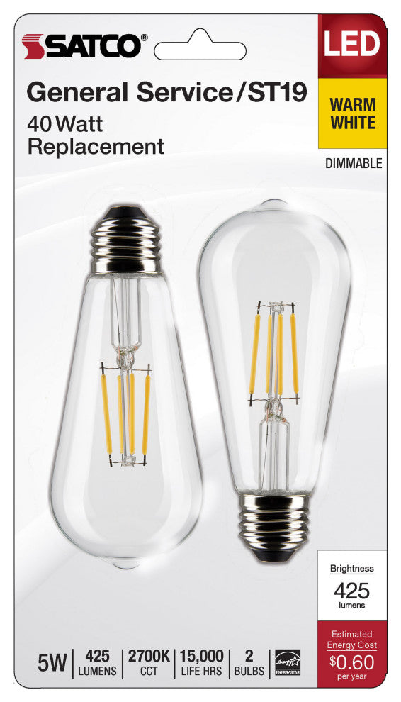 5W ST19 LED, Clear, Medium Base, 2700K, 425 Lumens, 2-Pack