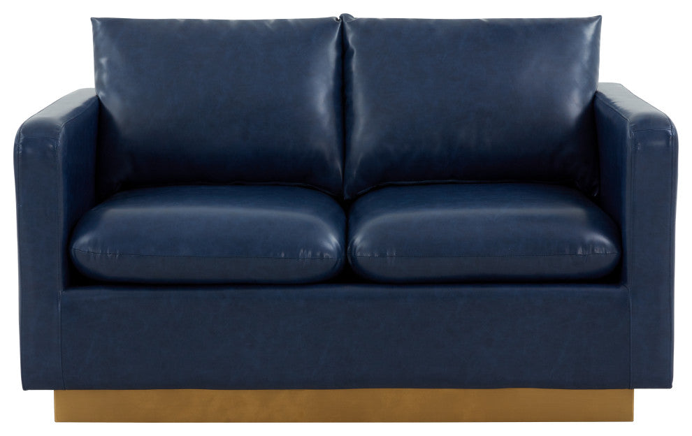 LeisureMod Nervo Modern Leather Loveseat With Gold Base, Navy Blue