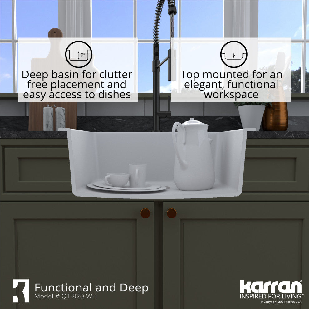Karran QT-820 Top Mount 25" Single Bowl Quartz Kitchen Sink Kit, White