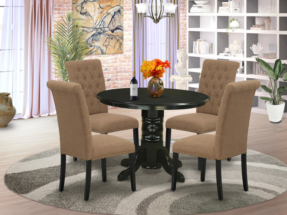 5Pc Dining Set, Round Table, Four Parson Chairs, Light Sable Fabric, Black
