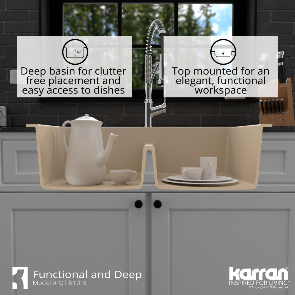 Karran 33" Top Mount Double Equal Bowl Quartz Kitchen Sink, Bisque