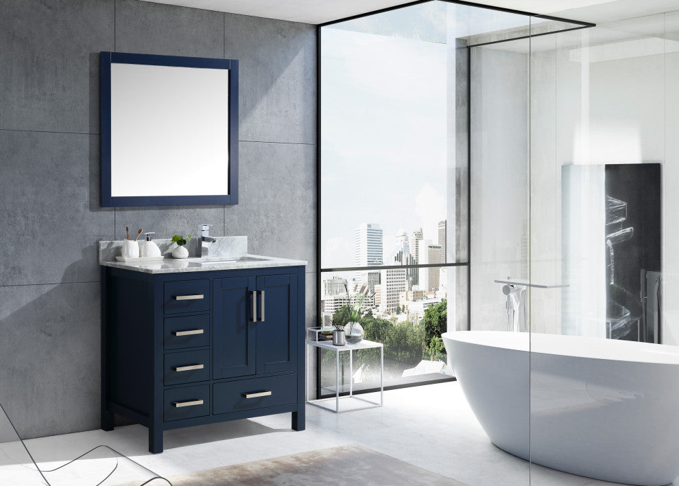 Jacques 36" Navy Blue Single Vanity Carrara Marble Top Sink, 34" Mirror Right
