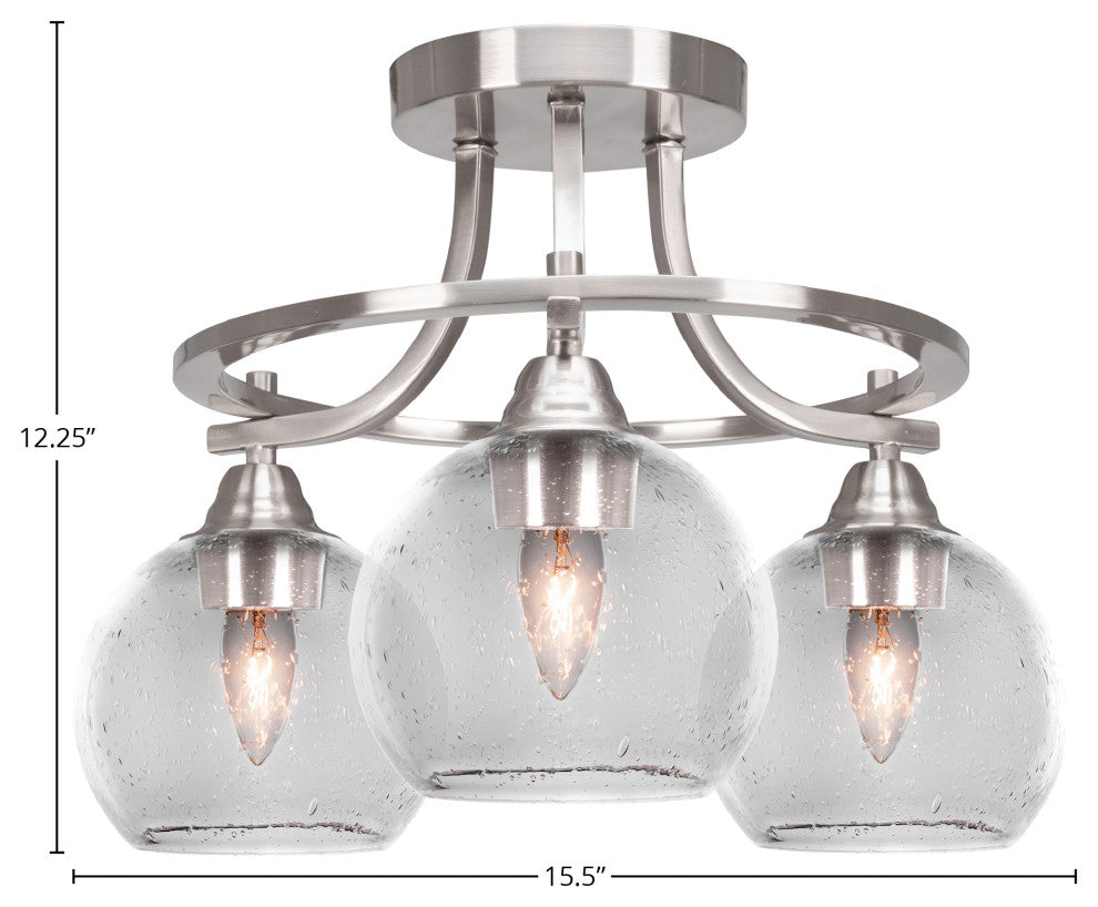 Paramount 3-Light Semi-Flush Light, Brushed Nickel, 5.75" Clear Bubble Glass