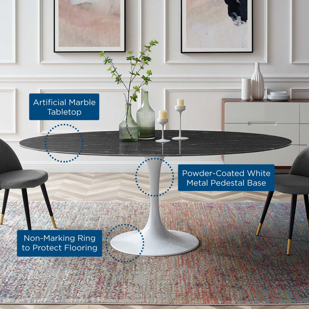 78" Dining Table, Oval, Black White, Artificial Marble, Metal, Modern