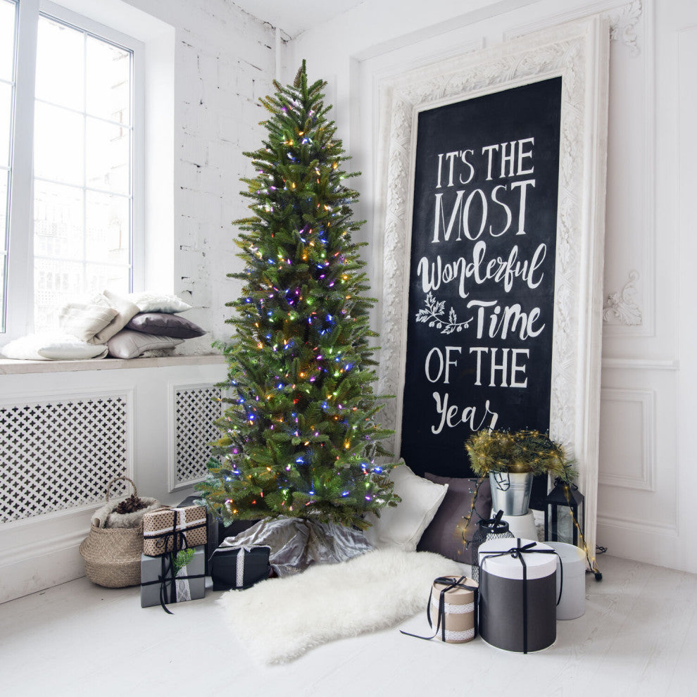 9' Carmel Pine Slim Artificial Christmas Tree, Multi-Color Led String Lights
