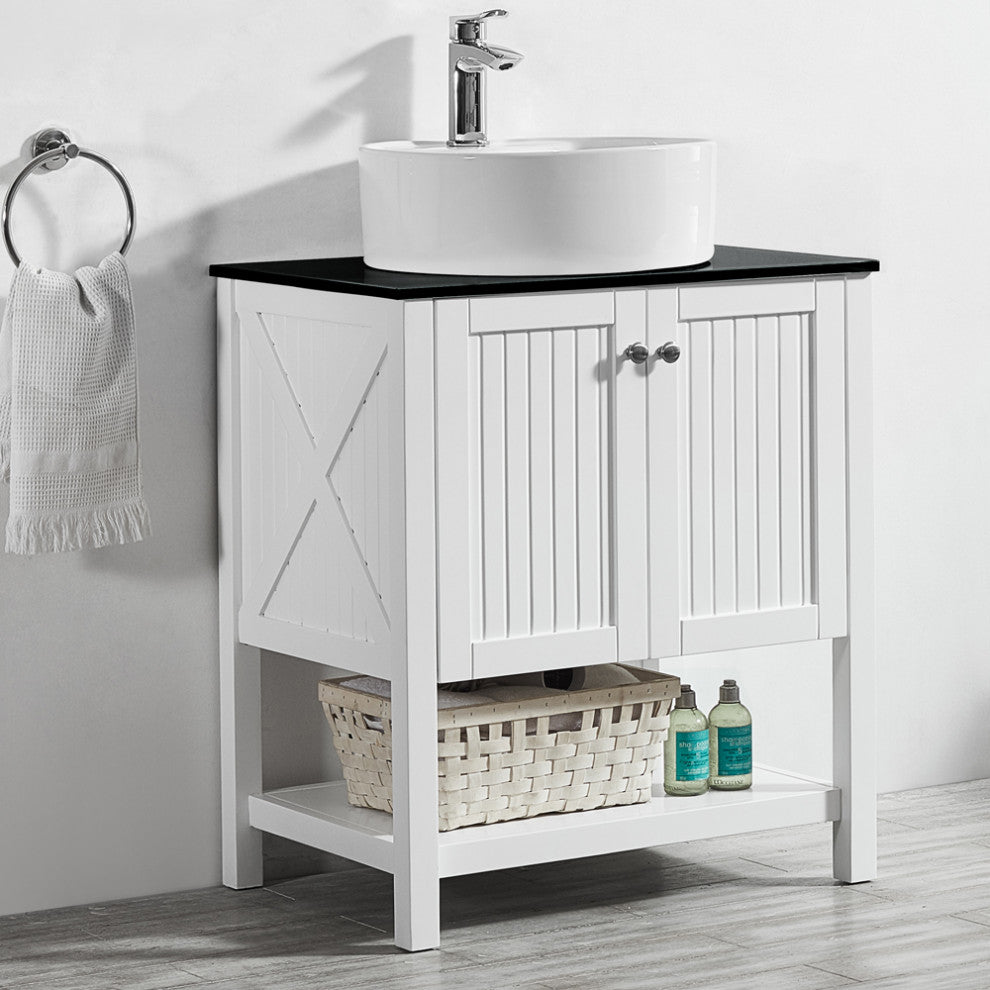 28"? Vanity in White with Glass Countertop with White Vessel Sink Without Mirror