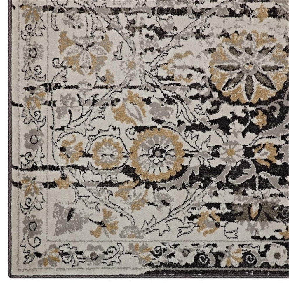 Ganesa Distressed Diamond Floral Lattice 5x8 Area Rug in Black and Beige