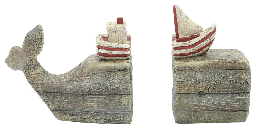 Resin, Set of 2 7"H Whale Bookends, Natural