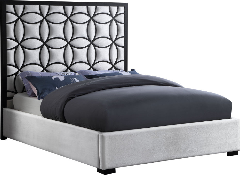 Taj White Velvet Bed With Matte Black Steel Frame and Legs, Queen