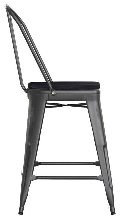 Carly Commercial Grade 24" High Metal Indoor-Outdoor Counter Height Stool, Black/Black