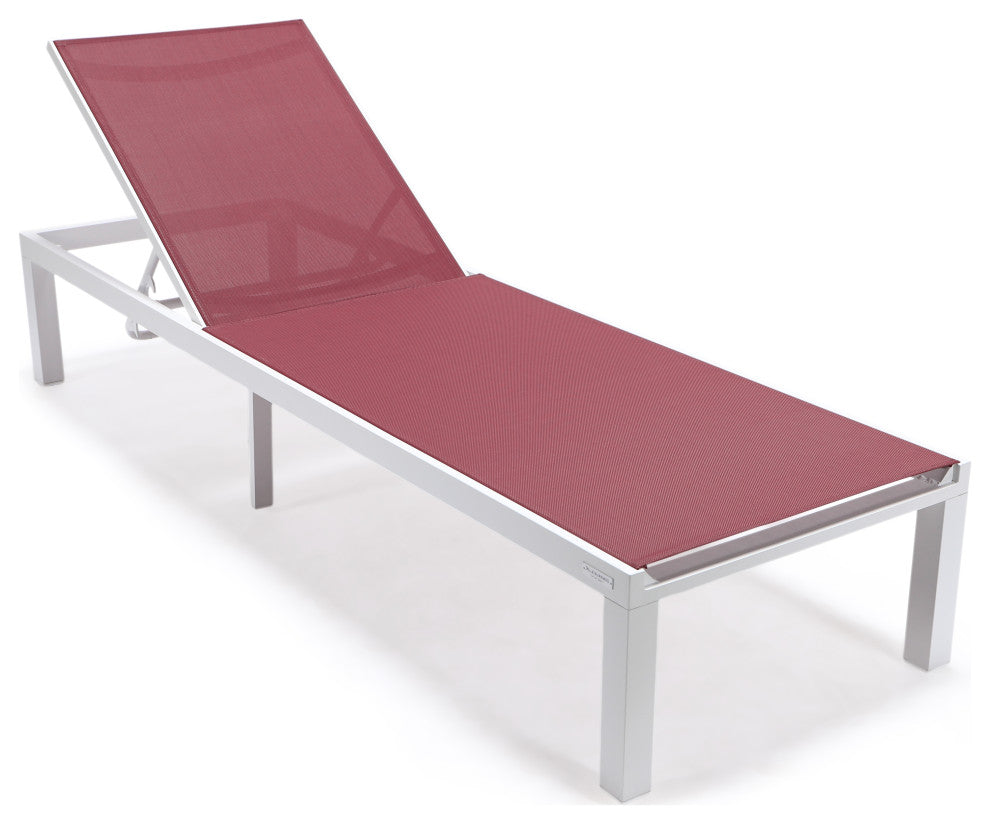 LeisureMod Marlin Patio Chaise Lounge Chair With White Frame, Burgundy