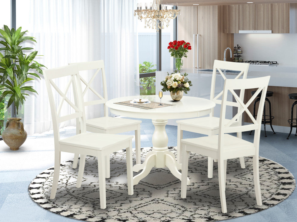 5 Pc Kitchen Set, Linen White Breakfast Table, 4 Linen White Chairs
