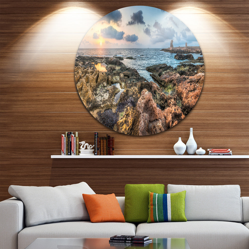 Rocky Blue Seashore Sunset, Seashore Round Metal Wall Art, 36"