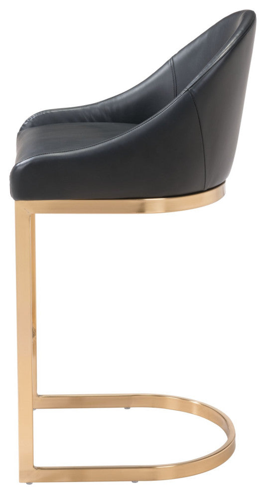 Counter Stool Chair, Faux Vinyl Leather, Steel, Black, Gold, Cafe Bistro