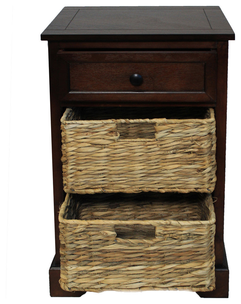 Urban Designs Malibu 3-Drawer Night Stand With Wicker Baskets, Coffee
