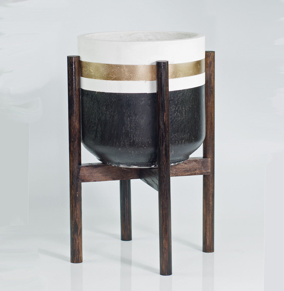 Large Handcrafted Fiber Clay Cylinder Pot 10'' With Wood Plant Stand Dark Walnut