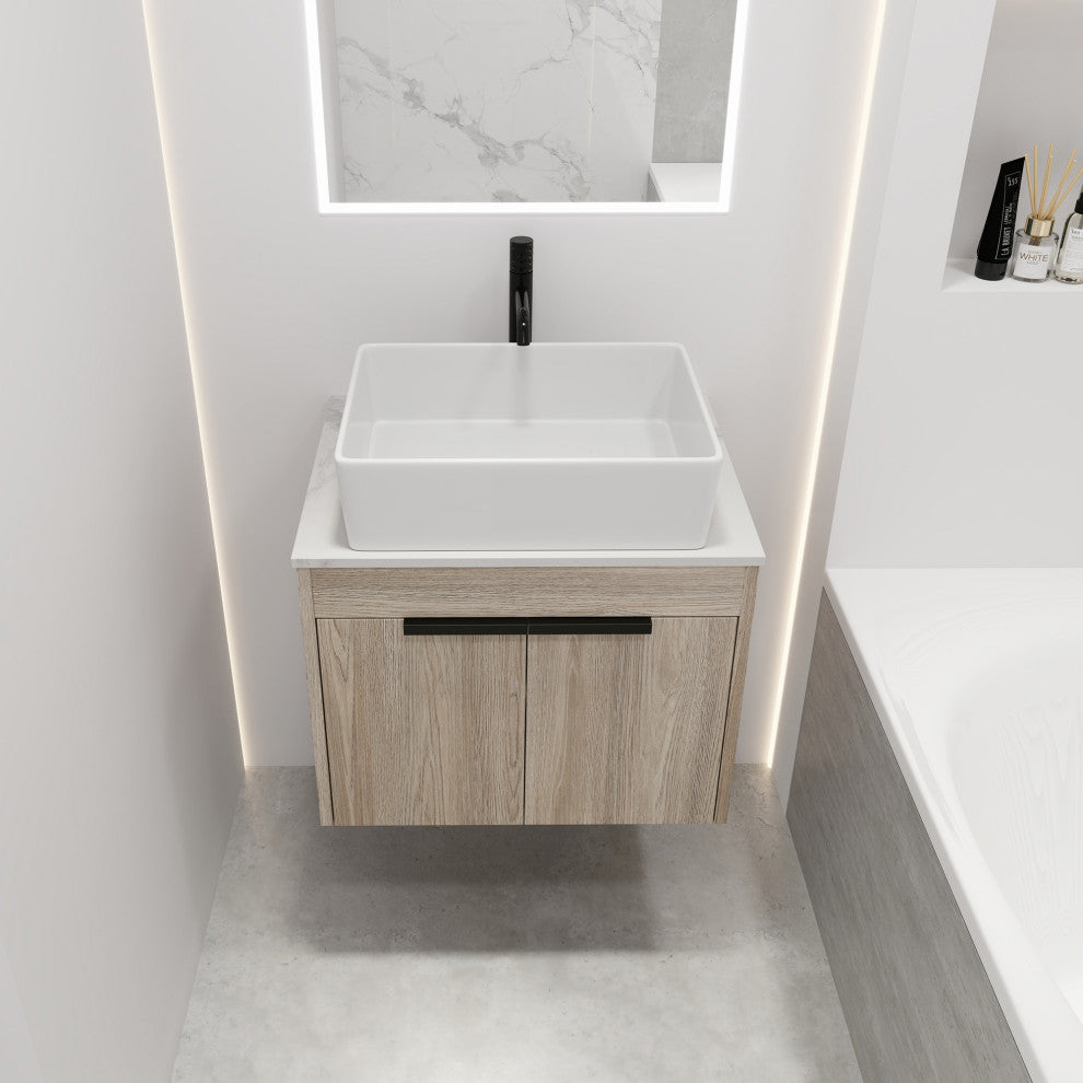 Wall-Mounted Bath Vanity, White Oak, White Ceramic Vessel Sink