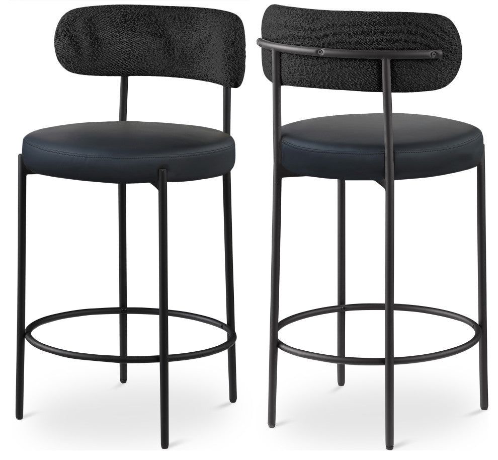 Beacon Upholstered Stool, Set of 2, Black, Matte Black Finish, Vegan Leather and Boucle Fabric