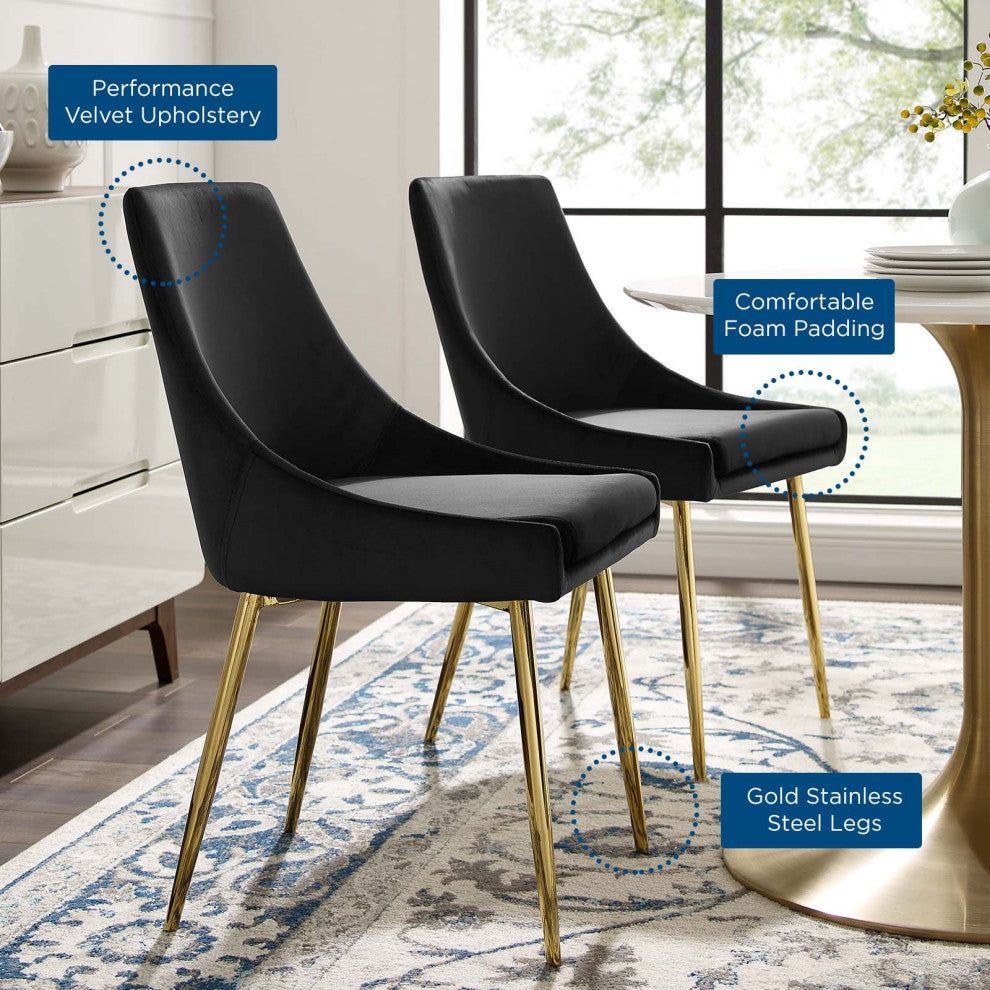 Side Dining Chair, Set of 2, Velvet, Metal, Gold Black, Cafe Bistro Restaurant