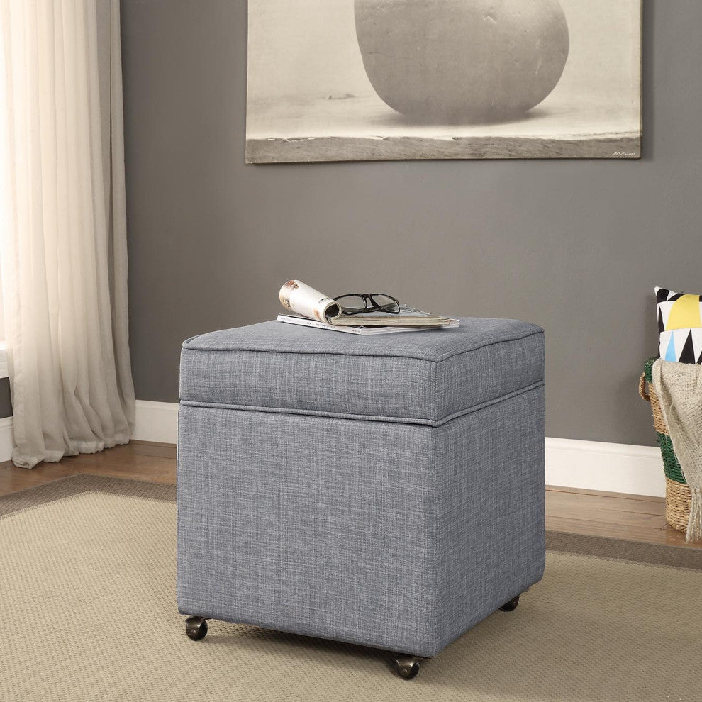 Lionel Linen Hidden Storage Castered Legs Ottoman Cube, Light Gray