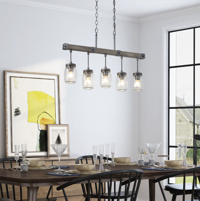 LNC Farmhouse Mason Jar Glass and Wood Kitchen Island Light, Clustered