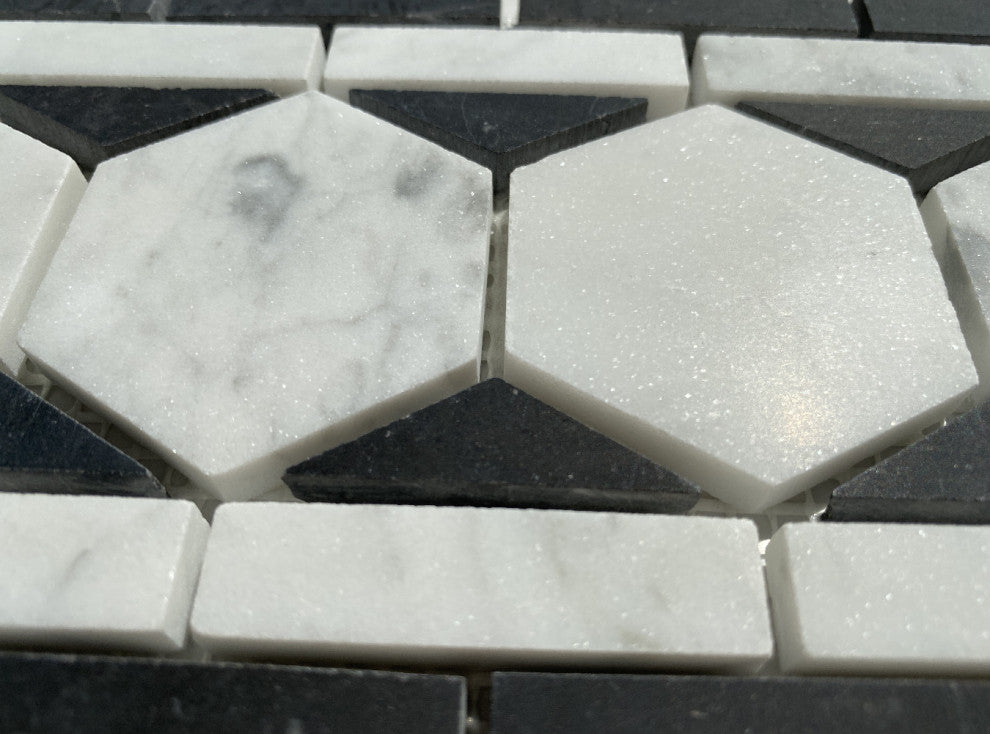 Carrara White Marble 2 Hexagon Listello Mosaic Border Tile Black Honed, 1 sheet