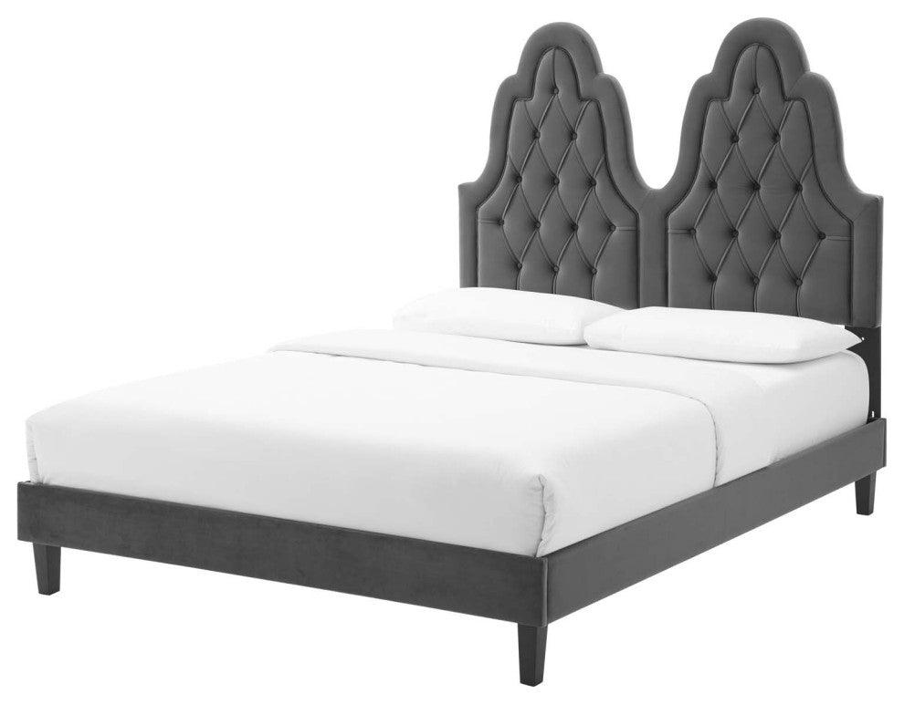 Tufted Platform Bed Frame, Twin Size, Velvet, Gray, Modern Contemporary