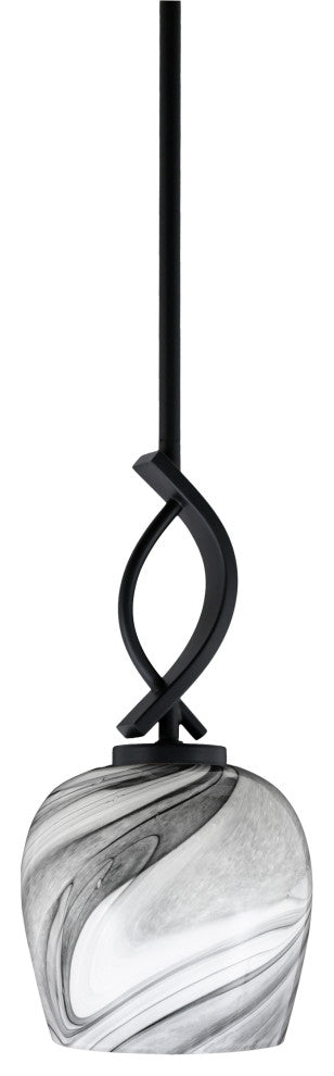Cavella 1 Light Stem Mini Pendant, Matte Black Finish, 6" Onyx Swirl Glass