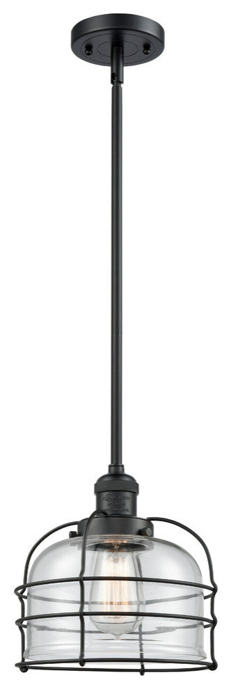 1-Light Large Bell Cage 8" Pendant, Matte Black, Glass: Clear